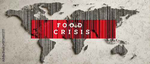 A world map with a red barcode and the words food crisis shows the issue of global food security against a gray backdrop in a flat design style
