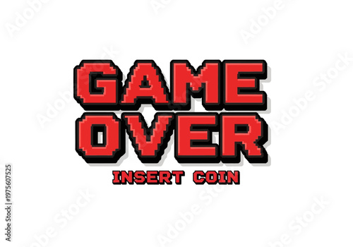 Pixelated Game Over Screen with Insert Coin Text Displayed on White Background
