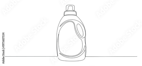 Continuous single line drawing of a liquid laundry detergent bottle with a cap, perfect for branding, packaging mockups, household product representations, and cleaning supply graphics
