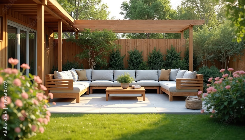 Fototapeta premium Modern wooden sectional sofa with cushions on patio. Outdoor seating area with coffee table, plants, and garden fence. Relaxing backyard space with rich green grass and flowers.