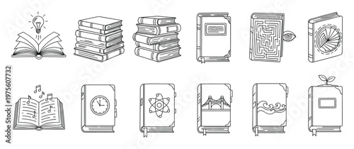 Versatile linear book icons representing diverse fields of knowledge, storytelling, learning, and personal growth, ideal for publishing, educational, and creative graphic design projects.