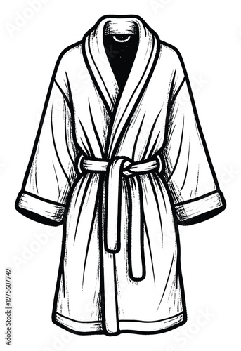 Monochrome outline of a cozy robe, elegantly tied at the waist, representing comfort and relaxation for various lifestyle and wellness product promotions