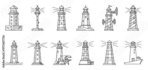 A diverse collection of linear lighthouse illustrations offering navigational symbols and coastal themes perfect for graphic resources and maritime project designs