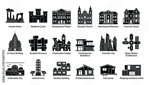 Explore diverse architectural styles and building types, featuring ancient ruins, medieval castles, modern residences, and futuristic structures, ideal for educational resources and design