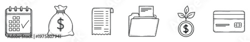 Hand drawn financial planning icons including calendar, money bag, receipt, document folder, growing coin and credit card for business applications and personal finance tracking.