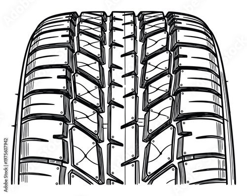 Detailed linework drawing of a robust automotive car tire tread pattern showing traction grooves, perfect for vehicle engineering, transportation safety, and rubber product applications.