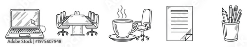 Doodle style collection of business and office related vector icons showing a laptop, conference table, hot coffee, document, and writing implements for corporate use and digital marketing