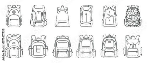 Collection of hand drawn outline backpacks showcasing various styles for school, travel, and outdoor activities, perfect for educational resources or graphic projects.