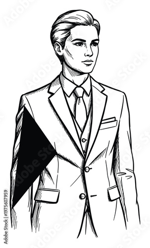 Elegant ink drawing of a sharp dressed man wearing a tailored suit, vest, and tie, ideal for depicting professional character, sophisticated themes, or businessrelated graphics.