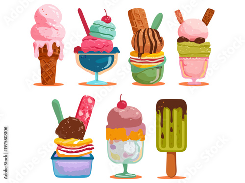 set of artisan ice cream sundaes and popsicles flat vector illustration