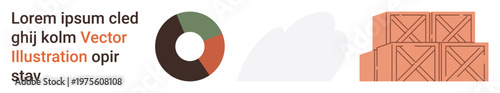 Logistics, data visualization, supply chain, business reports, warehousing, packaging. Stacked crates and a pie chart next to placeholder text. Logistics and data visualization concept