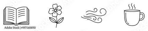 Minimalist line icons depicting comforting elements including an open book, a lovely flower, gentle wind, and a steaming hot drink mug perfect for digital graphics and simple interface