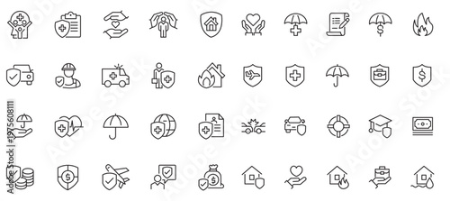 Web and mobile app insurance icons set in line style. Vector illustration of assurance and protection for health, life, car, home, travel, property insurance and more, safety coverage, and more.