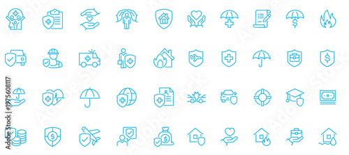 Insurance icons set. Collection of insurance and assurance icons in thin line style. Protection of health, life, property, car, home, travel insurance icons and more. Editable stroke. Vector