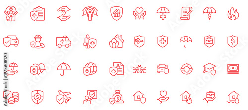 Insurance icons set. Collection of insurance and assurance icons in thin line style. Protection of health, life, property, car, home, travel insurance icons and more. Editable stroke. Vector
