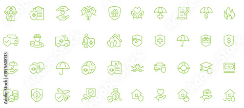 Insurance icons set. Collection of insurance and assurance icons in thin line style. Protection of health, life, property, car, home, travel insurance icons and more. Editable stroke. Vector