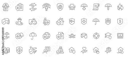 Web and mobile app insurance icons set in line style. Vector illustration of assurance and protection for health, life, car, home, travel, property insurance and more, safety coverage, and more.