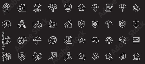 Web and mobile app insurance icons set in line style. Vector illustration of assurance and protection for health, life, car, home, travel, property insurance and more, safety coverage, and more.