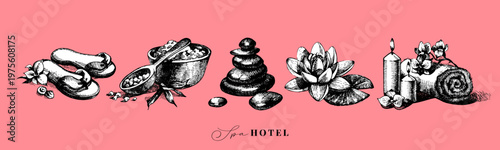 Vintage spa sketch sticker set. Massage and relaxation concept. Beauty retro isolated hand drawn vector  illustrations.