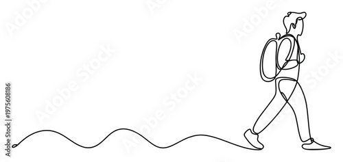 Continuous line drawing of a person walking with a backpack representing travel adventure and personal exploration for educational and conceptual advertising projects