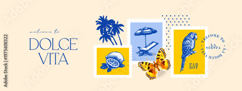 Hand drawn sketch tropical poster. Dolce vita summer vibe. Vintage summer Italy Mediterranean coastal vacation banner. Vector illustration