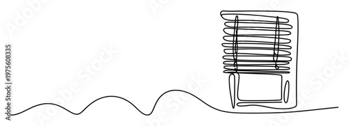 Continuous single line drawing depicting a modern building or skyscraper with horizontal window blinds and a flowing landscape base ideal for architectural concepts or minimal graphic