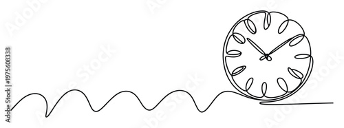 Continuous line drawing of a minimalist clock connected by a flowing wavy line representing the passage of time ideal for modern graphic backdrops and educational content
