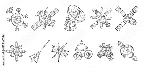 Collection of outline illustrations showcasing various space satellites and communication equipment, perfect for educational materials, science projects, and technology graphics.