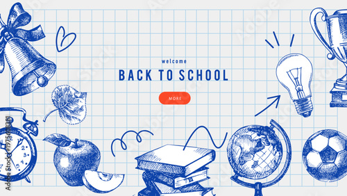 Back to school sketch collage banner. Education poster template with hand drawn accessories. Frame design. Vector vintage illustration