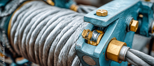 A detailed view shows a steel cable and winch designed for lifting loads. Tools are neatly arranged with gold metal gears connected to the cable