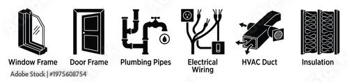 Comprehensive collection of essential building system icons including window frames, door frames, plumbing pipes, electrical wiring, HVAC ducts, and insulation for architectural diagrams
