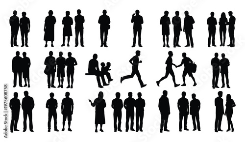 Silhouettes of diverse people in various poses and interactions depicting community, lifestyle, and social connections, ideal for architectural renders, urban planning, or graphic design