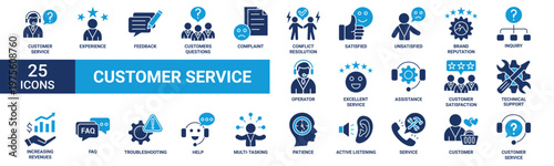 Customer service icon set. Containing experience, feedback, customers, complaint, conflict, satisfied, unsatisfied and more. Solid vector icons collection.