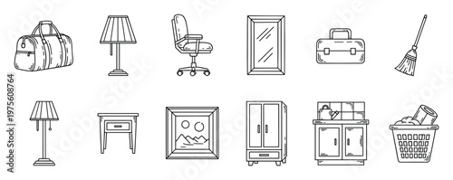 Collection of essential house items and home furniture depicted in a versatile outline icon style, perfect for illustrating residential living, household chores, or interior decor concepts.