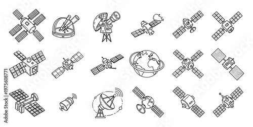 Collection of space technology icons featuring satellites, telescopes, and global communication elements for science education, technology projects, and astronomical research applications.