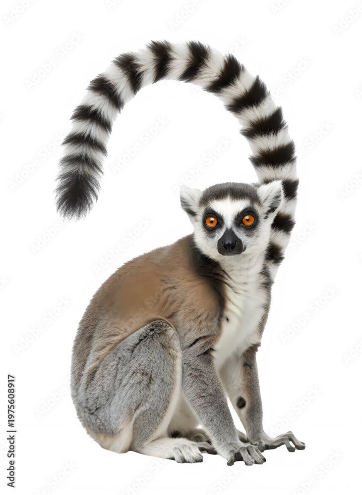 Fototapeta premium Ring-tailed lemur with striking orange eyes and long tail on transparent background