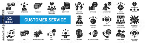 Customer service icon set. Containing experience, feedback, customers, complaint, conflict, satisfied, unsatisfied and more. Glyph vector icons collection.