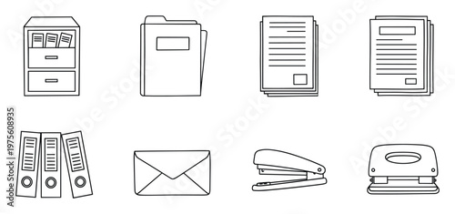 Line icons showing office supplies like a filing cabinet, document folders, stacked papers, ring binders, an envelope, stapler, and hole punch, perfect for business organization and