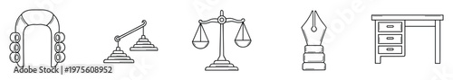 Comprehensive set of legal and justice themed line icons representing fairness, professionalism, and legal work, perfect for legal websites, educational content, and professional branding