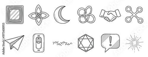 Versatile hand drawn doodle icon collection depicting symbols of communication, technology, nature, and spirituality, ideal for modern web interfaces, digital media, and engaging print