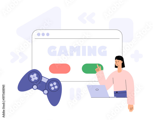 Online gaming interface with player using controller. Video game interaction, digital platform and entertainment concept. Flat vector illustration