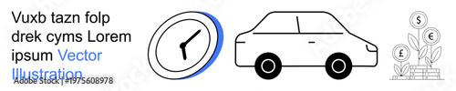 Time management, financial planning, efficiency, transportation, investment, savings. Minimalist clock, car and money plants. Time management and financial planning concept