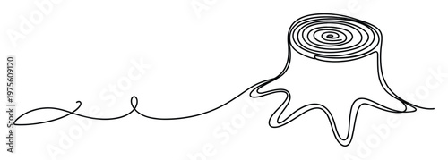 Continuous one line drawing of a tree stump showing roots and concentric rings, symbolizing natures resilience for ecological and environmental graphic resources.