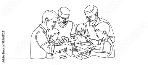 Continuous line drawing of a happy multigenerational family group playing a fun board game together at home, perfect for illustrating family leisure activities, educational content, or