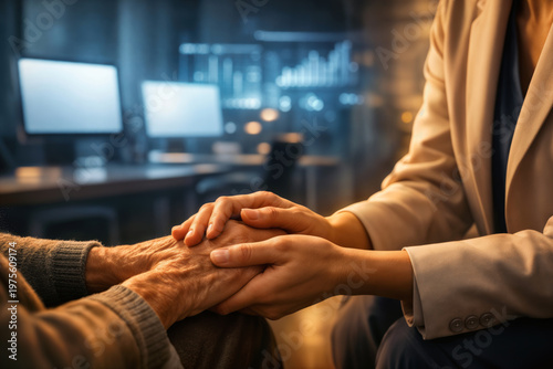 Human premium 2026 compassionate healthcare professional holding elderly patient hands in futuristic office with empty computer screens and holographic charts symbolizing empathy over automation