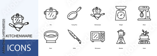 kitchenware  Icon Set Collection Pack Vector Illustration Concept. Containing Pot, Frying Pan, Weight, Mixer, Bowl icon
