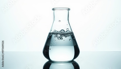 Clear Liquid With Bubbles in Glass Laboratory Flask with Reflection on White Background Studio Lighting