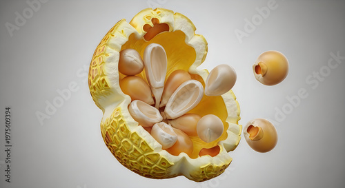 Fresh orange, peeled and segmented, juicy pulp and seeds exposed, vibrant yellow fruit