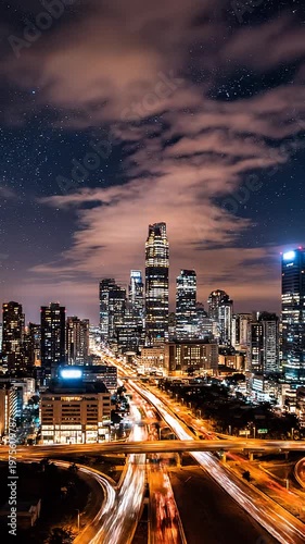 Cityscape at dusk with traffic moving through a metropolitan area