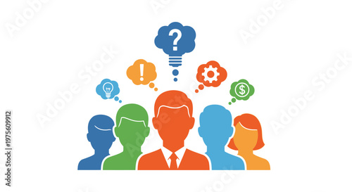 Team brainstorming with thought bubbles and idea icons on white background